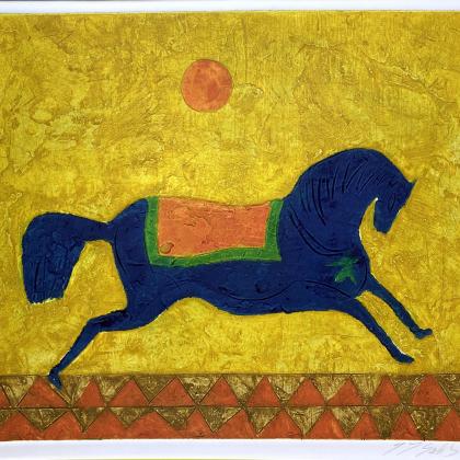 Caballo azul con fondo amarillo