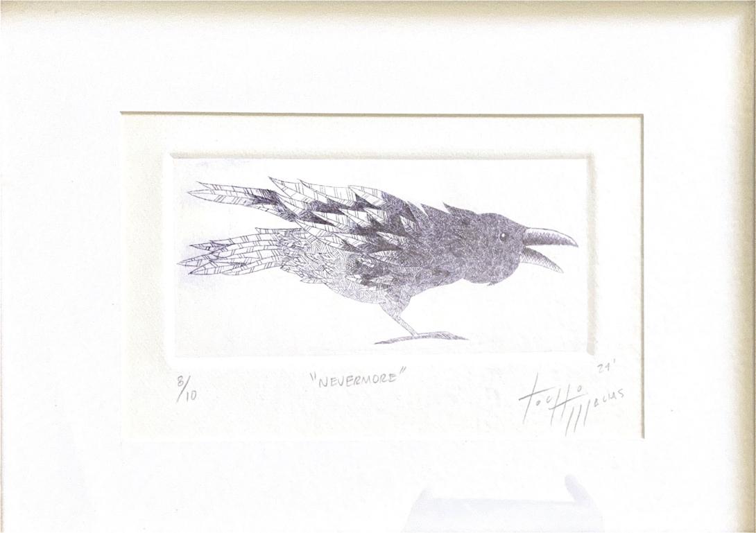 Grabado que muestra un cuervo.